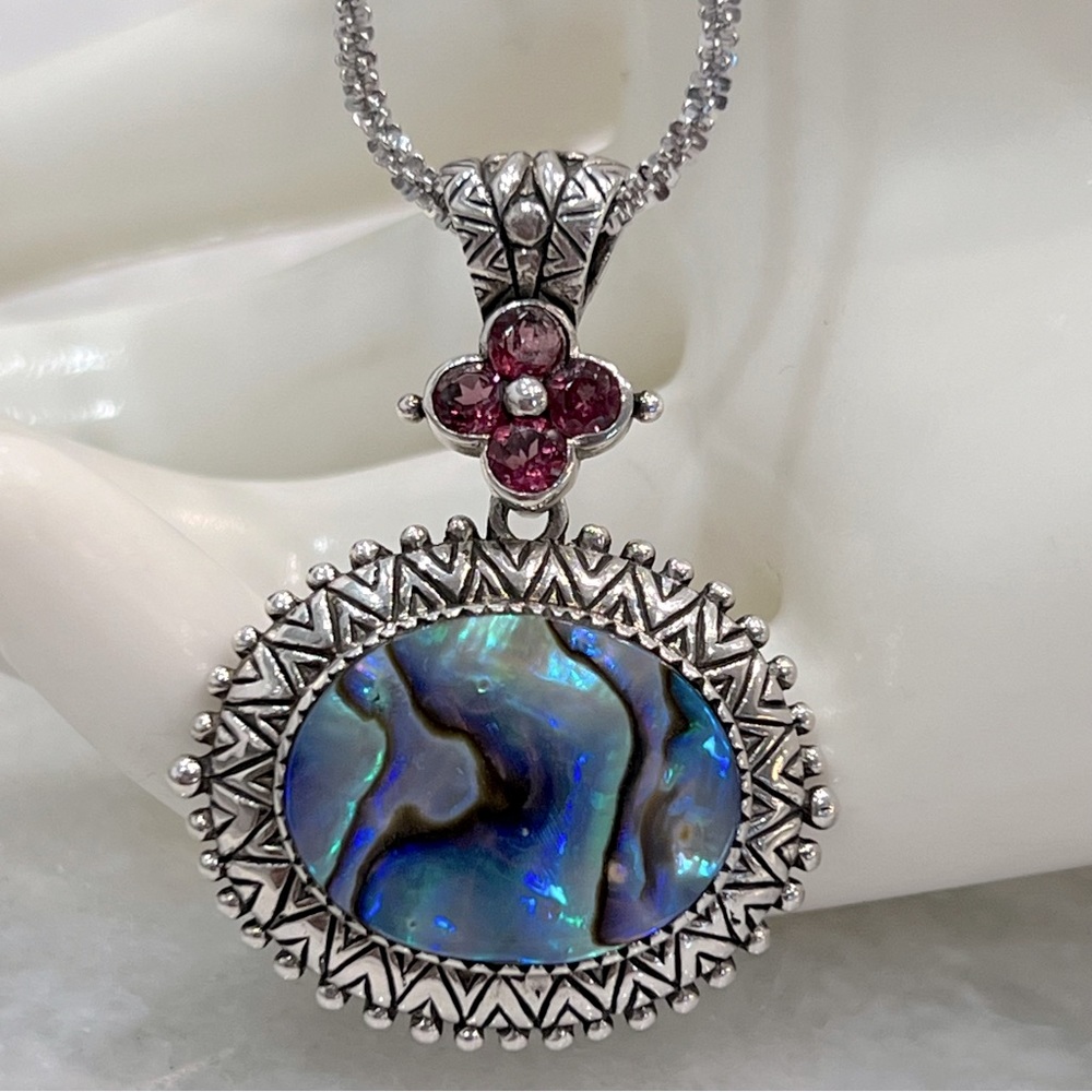 Abalone Shell Rhodolite Garnet Sterling Silver Pendant 18” Necklace